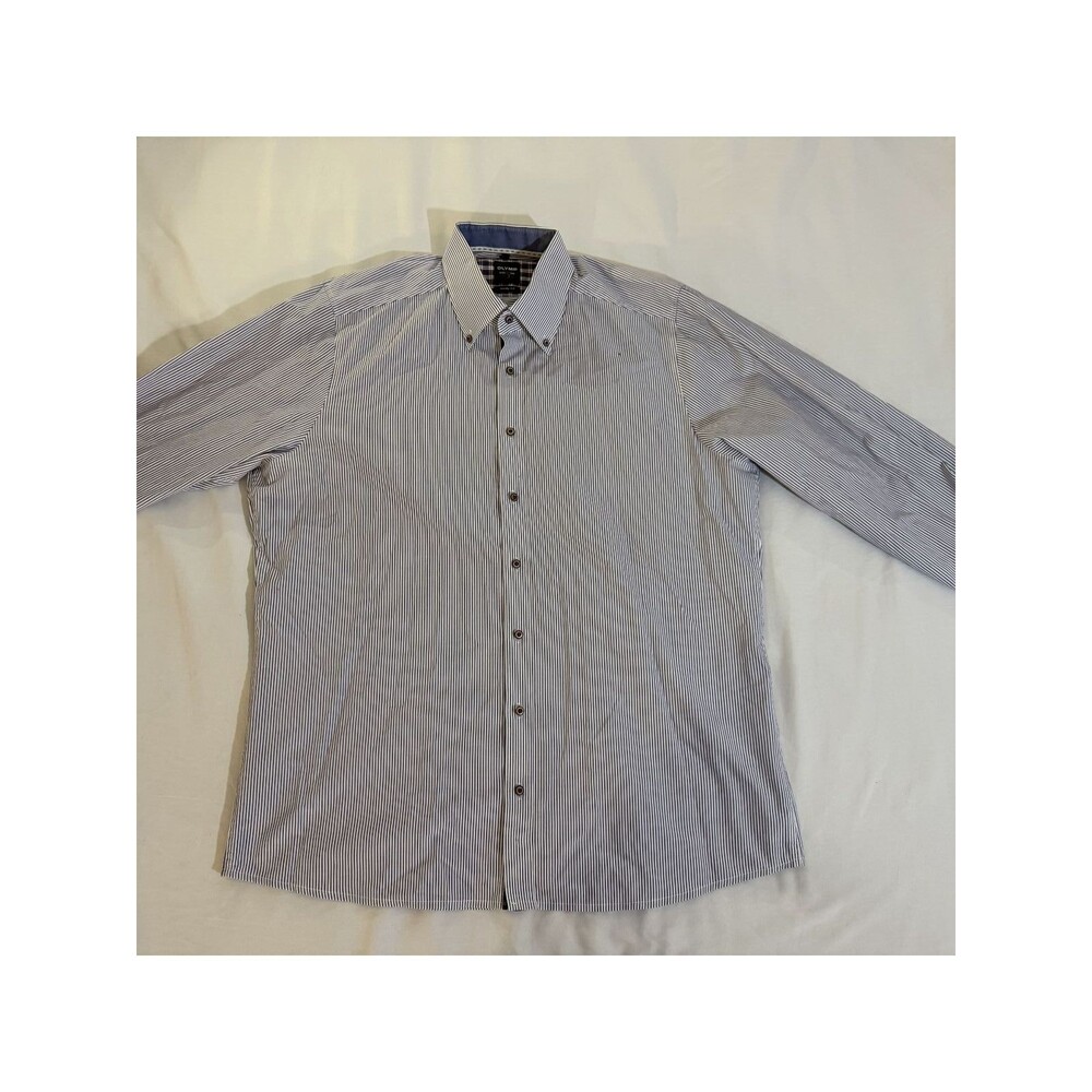 OLYMP Level Five Body Fit Men’s Dress Shirt 17 43 Blue White Striped Stretch Cot